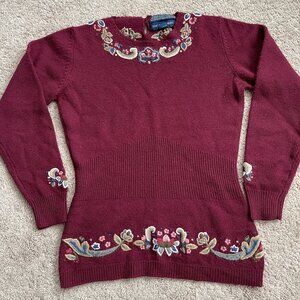 Vintage 90’s Herman Geist Wool Sweater Hand Embroidered Floral Women’s Small